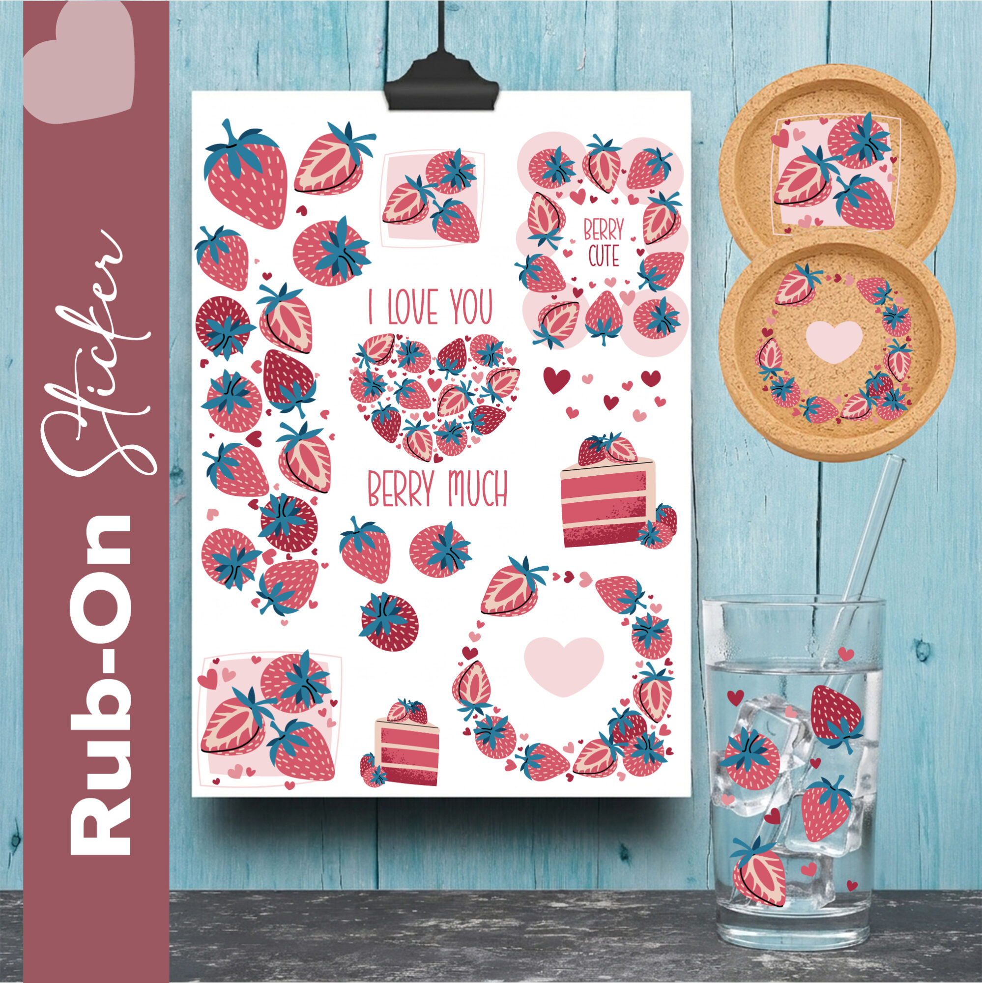 Rub-On Stickerbogen „Erdbeere“ A5 – Transferfolie für Kreativprojekte z.B. mit Raysin, Keraflott & Glas 1 RubOn MockUp Glas und Untersetzer & Erdbeeren