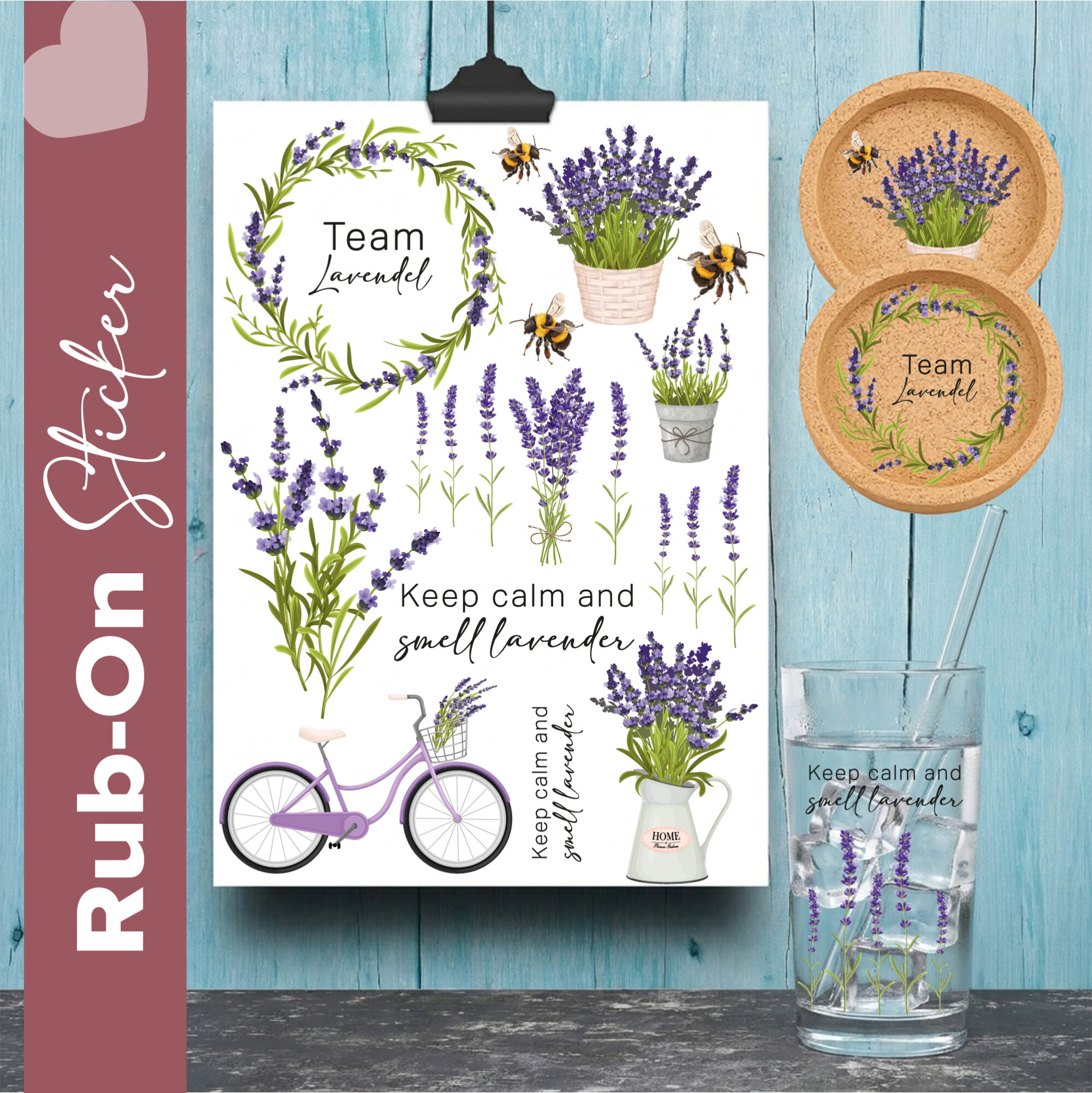 Rub-On Stickerbogen „Lavendel“ A5 – Transferfolie für Kreativprojekte z.B. mit Raysin, Keraflott & Glas 1 RubOn MockUp Glas und Untersetzer & Lavendel