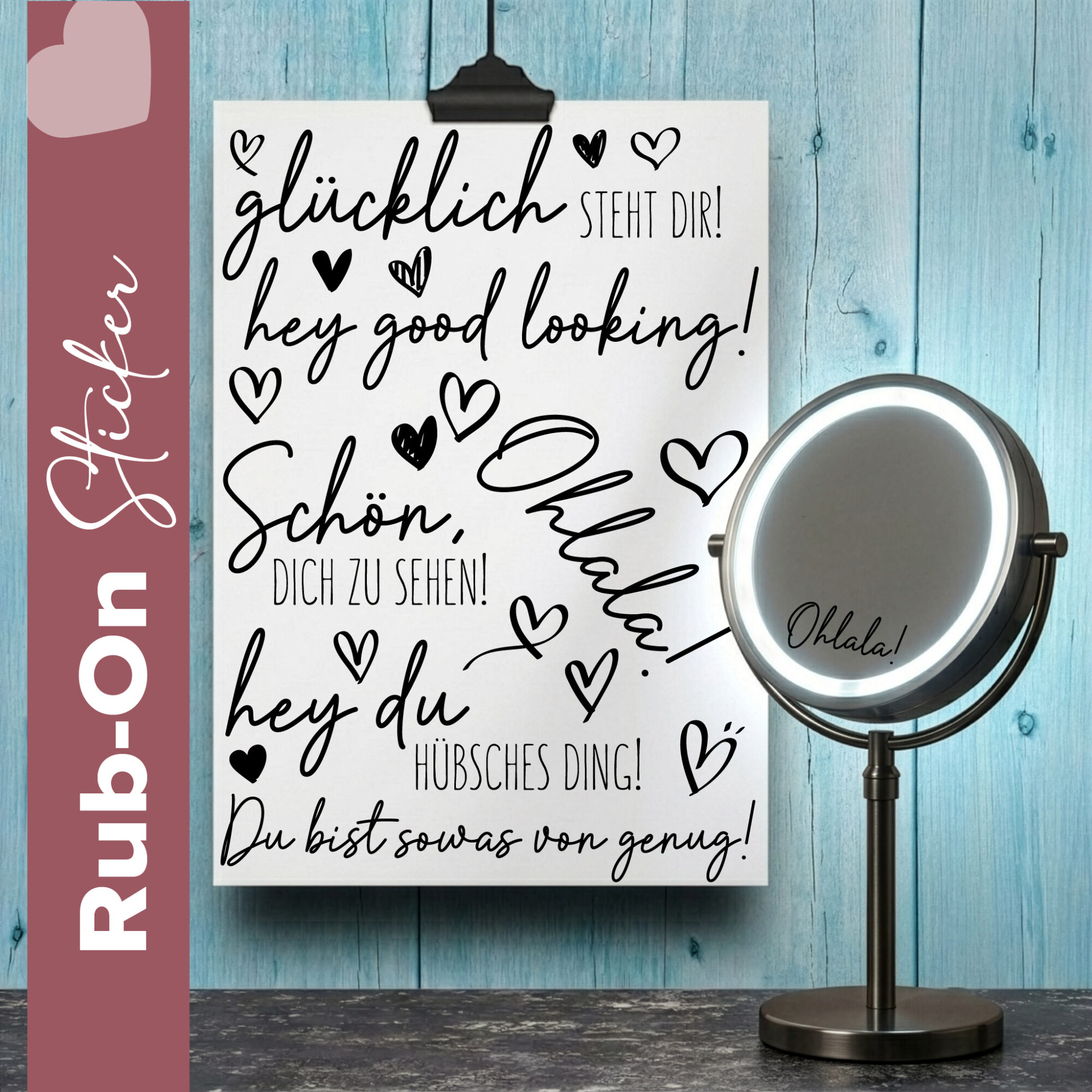 Rub-On Stickerbogen für Spiegel & Gläser im Format A5 | Aufkleber für Glas, Keramik, Porzellan, Raysin – Liebe und Komplimente 1 Rub Ons für Soiegel mit Sprüchen Ohlala, Geschirrspülfest, kratzfest und UV beständig
