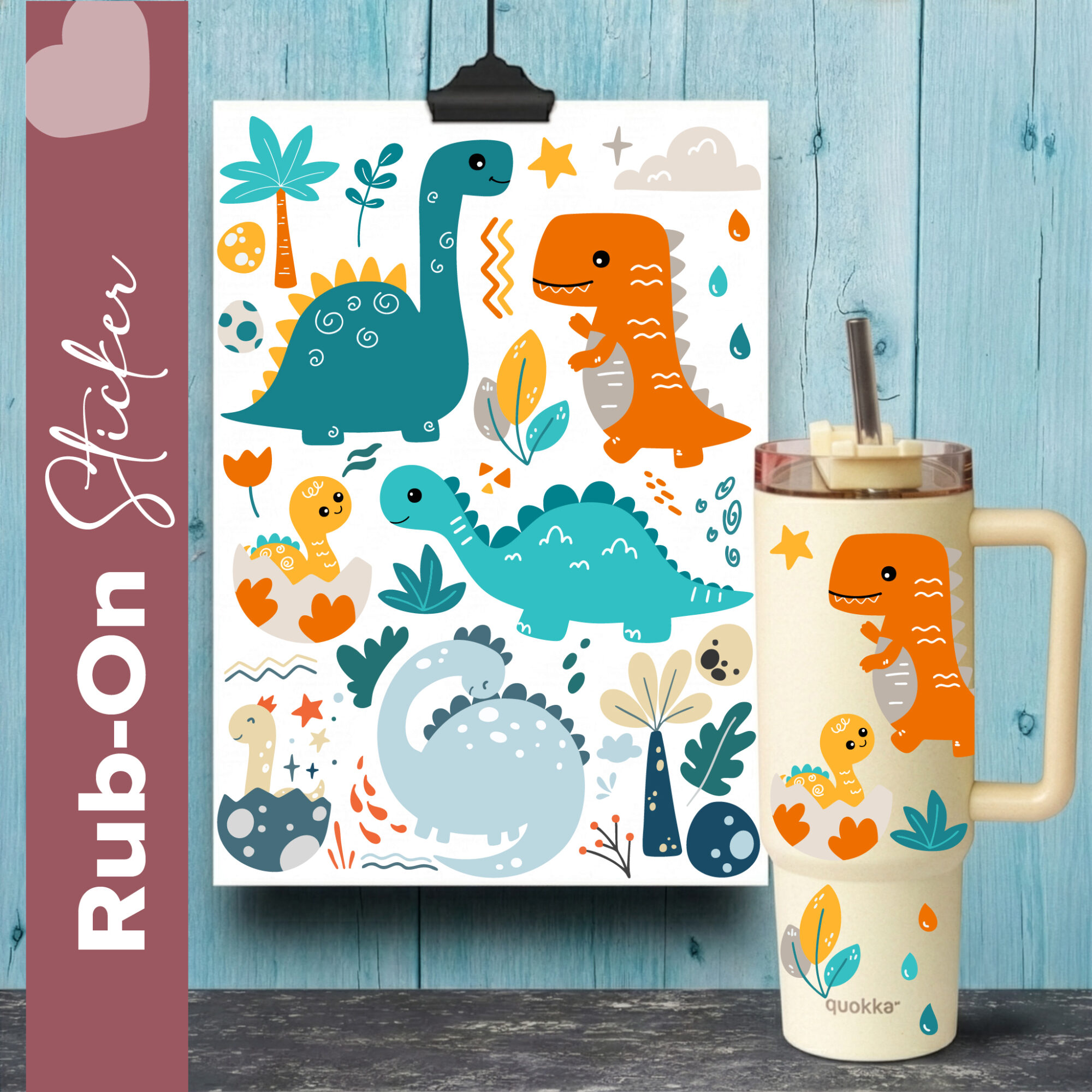 Rub-On Stickerbogen Dinosaurier im Format A5 | Aufkleber für Raysin, Keraflott, Glas, Keramik, Kork Untersetzer - Dinos für Kinder 1 Rub Ons Dinos mit Dinosaurier und Dino Ei, Geschirrspülfest, kratzfest und UV beständig