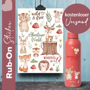 Rub On Sicker mit Waldtieren, Aufkleber für glatte Oberflächen mit Bär, Hase, Fuchs, Igel, Eule. Reh Maus und Blättern, Geschirrspülfest, Kratzfest, UV Beständig.