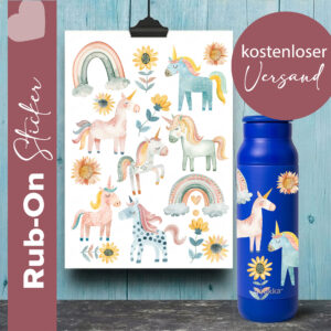 Rub On Sicker mit Einhorn und Regenbogen, Geschirrspülfest, Kratzfest, UV Beständig.