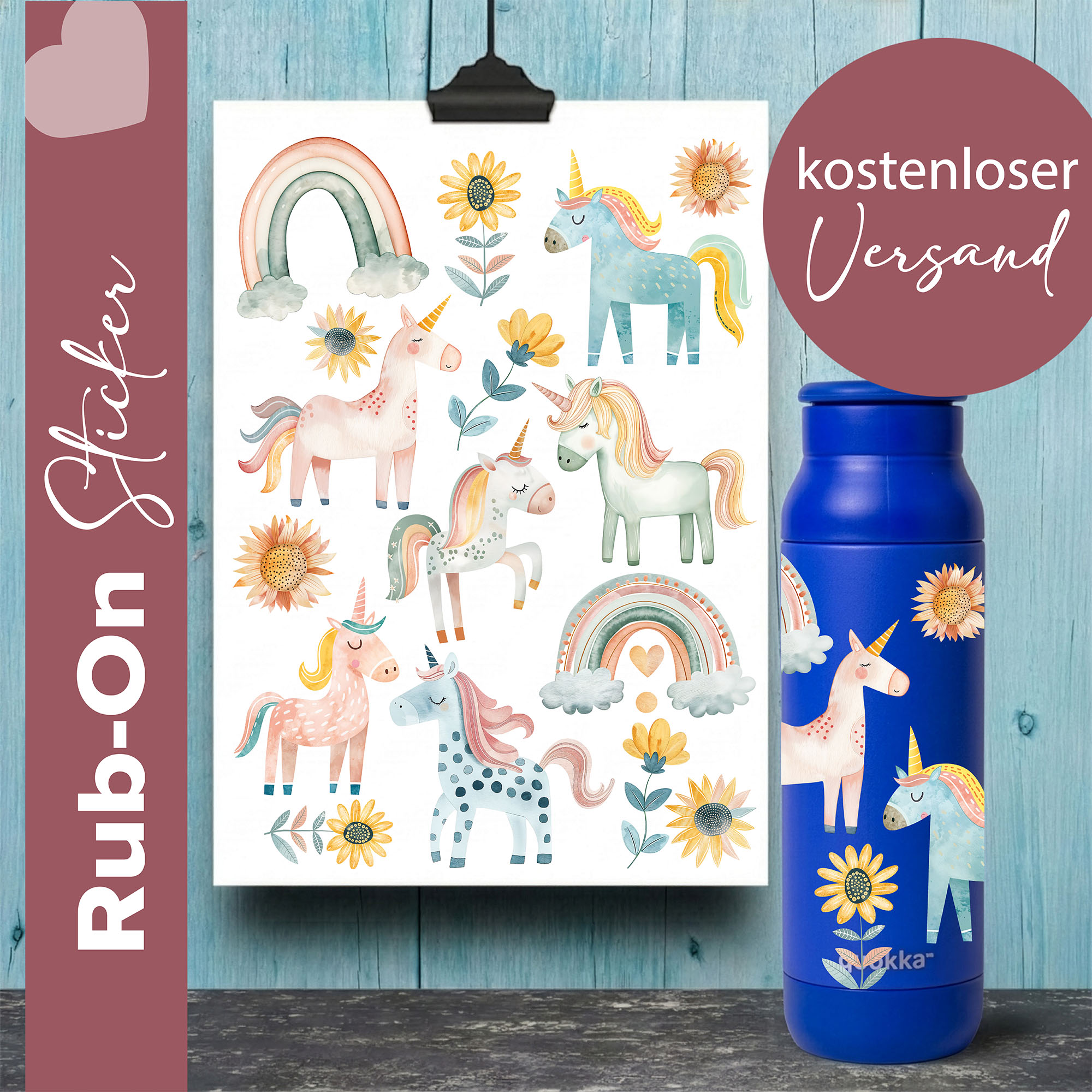 Rub-On Stickerbogen Einhorn und Regenbogen im Format A5 | Aufkleber für Raysin, Keraflott, Glas, Keramik, Kork Untersetzer - u.a. für Kinder 1 Rub On Sicker mit Einhorn und Regenbogen, Geschirrspülfest, Kratzfest, UV Beständig.