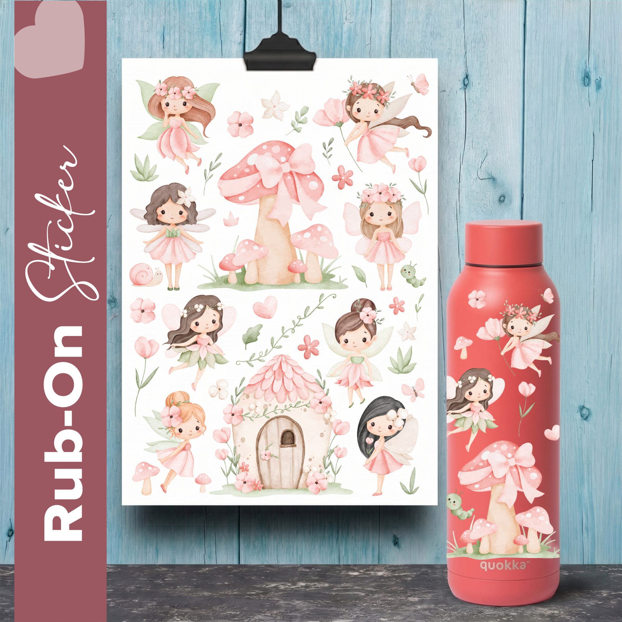 Rub-On Stickerbogen Feen im Format A5 | Aufkleber für Raysin, Keraflott, Glas, Keramik, Kork Untersetzer - Feen Häuser für Kinder 1 Rub Ons Feen mit Feenhaus und Blumen, Geschirrspülfest, kratzfest und UV beständig