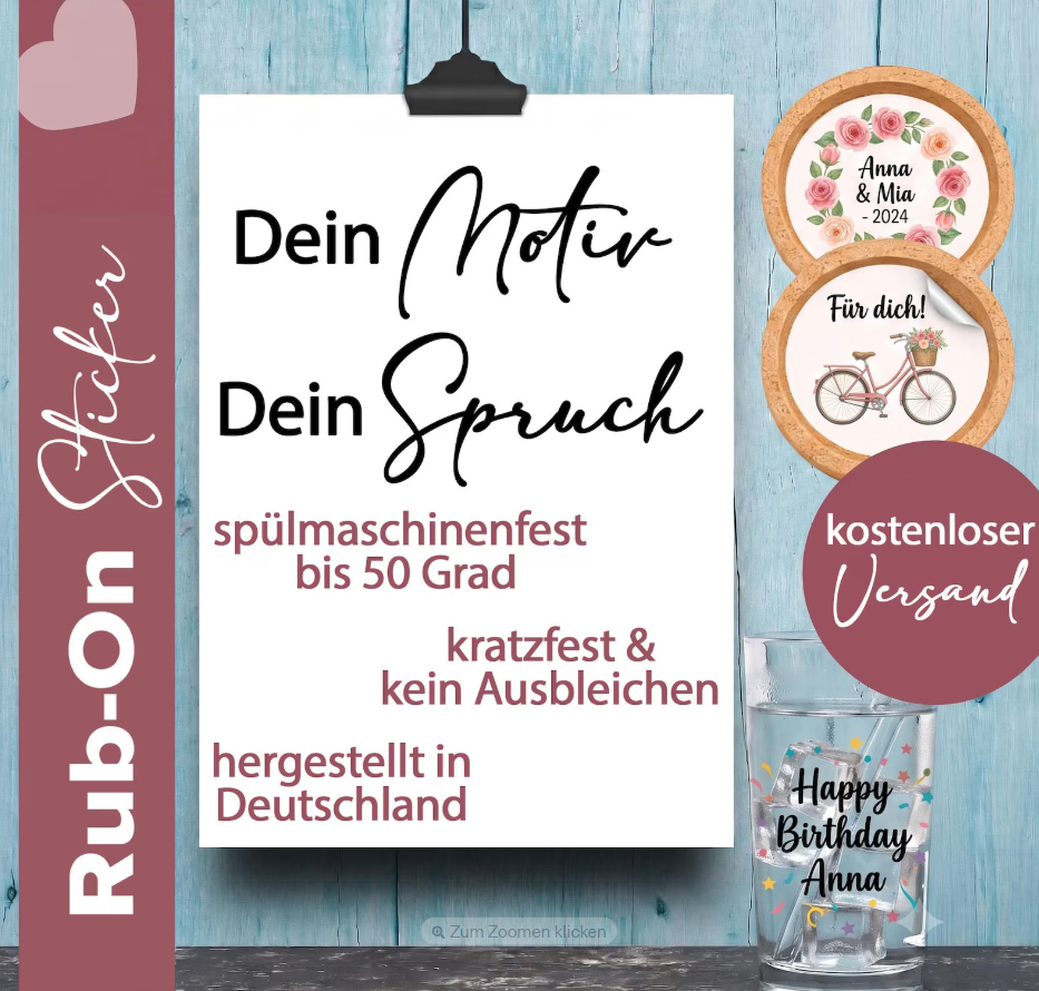 Rub-On Sticker personalisiert A6, A5, A4, A3, A2, A1 | Aufkleber für Raysin, Keraflott, Glas, Keramik, Porzellan | mit Wunschtext 1 Rub On Sicker mit eigenem Motiv und Fotos, Spürüchen und Motiven, oder auch Text, Schrift, Randlos, Geschirrspülfest, Kratzfest, UV Beständig.
